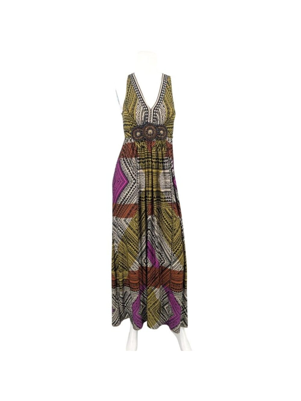 Y2K Tribal Print Maxi Beaded Empire Waist Racerback Festival Boho Resort Artsy 4